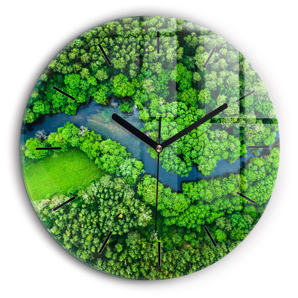 Ceas perete din sticlă rotund Râu în pădure