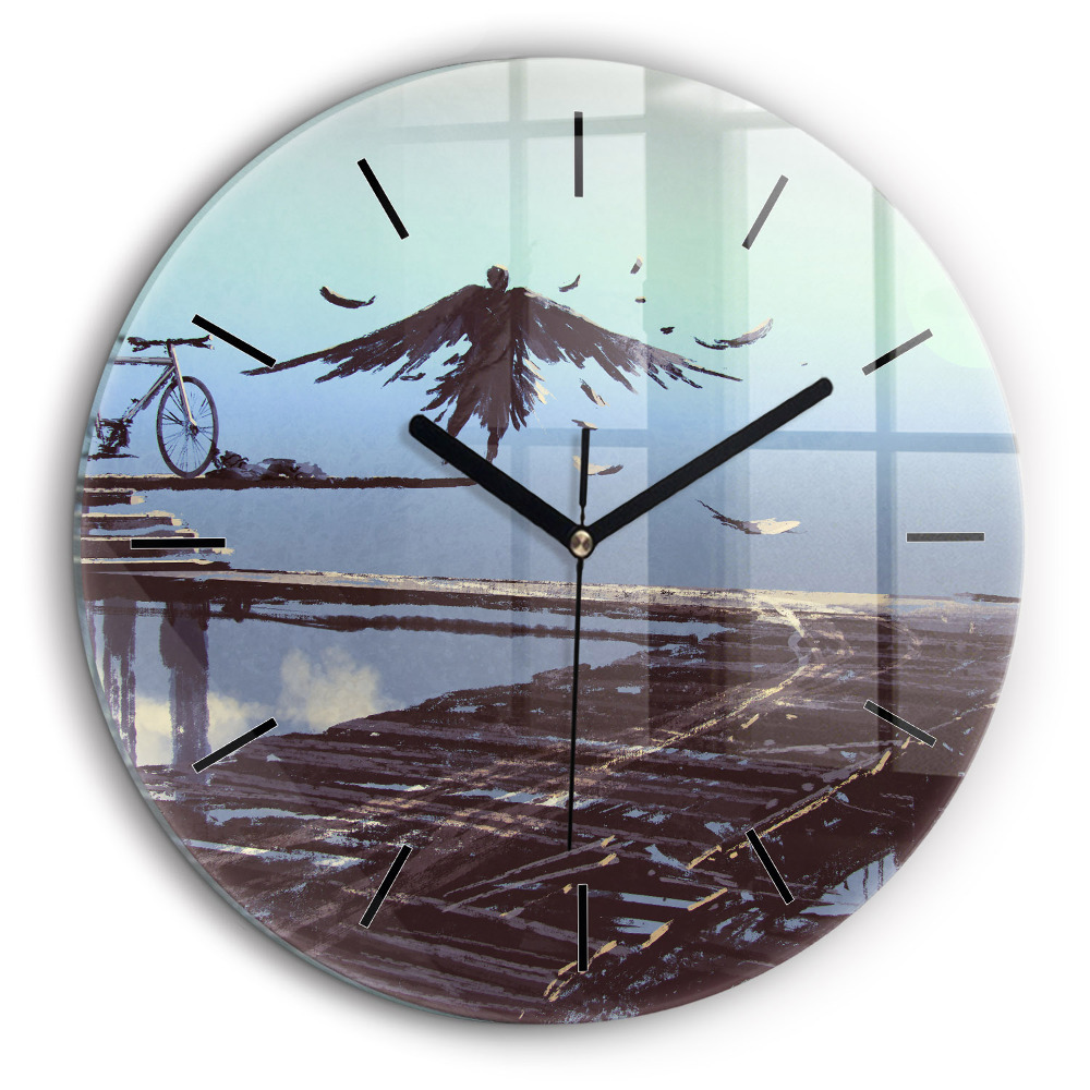 Ceas din sticlă rotund Înger, pod și bicicletă