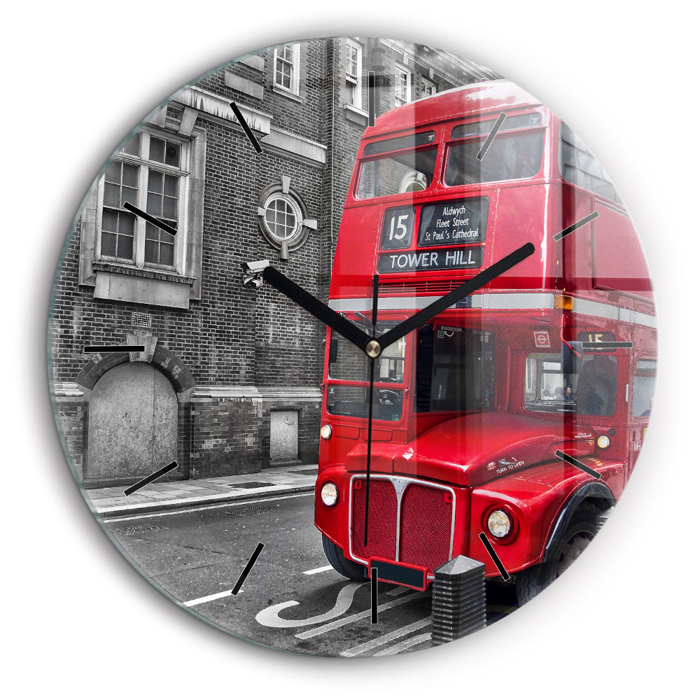 Ceas rotund de perete din sticlă Autobuz roșu cu etaj