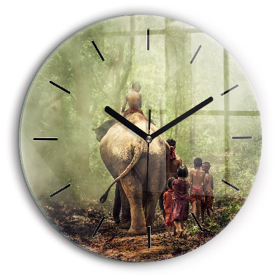 Ceas perete din sticlă rotund Copii care conduc un elefant
