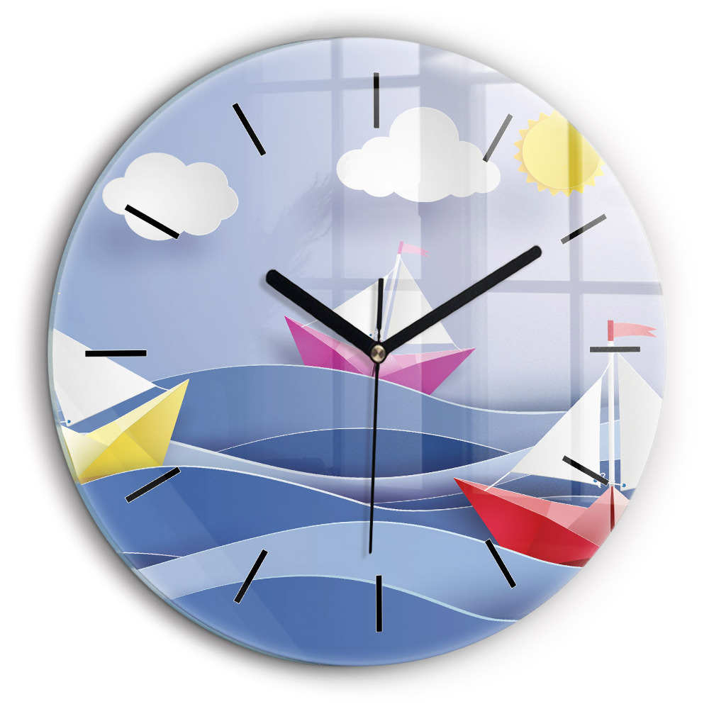 Ceas din sticlă rotund Barci cu pânze origami colorate