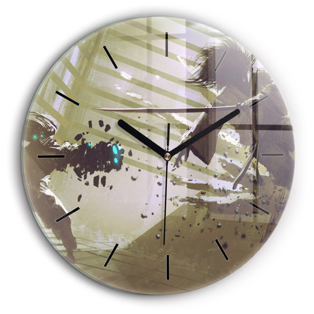 Ceas perete din sticlă rotund Robot și samurai se luptă