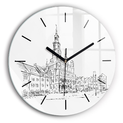 Ceas de sticlă pe perete rotund Schiță a orașului vechi Poznań