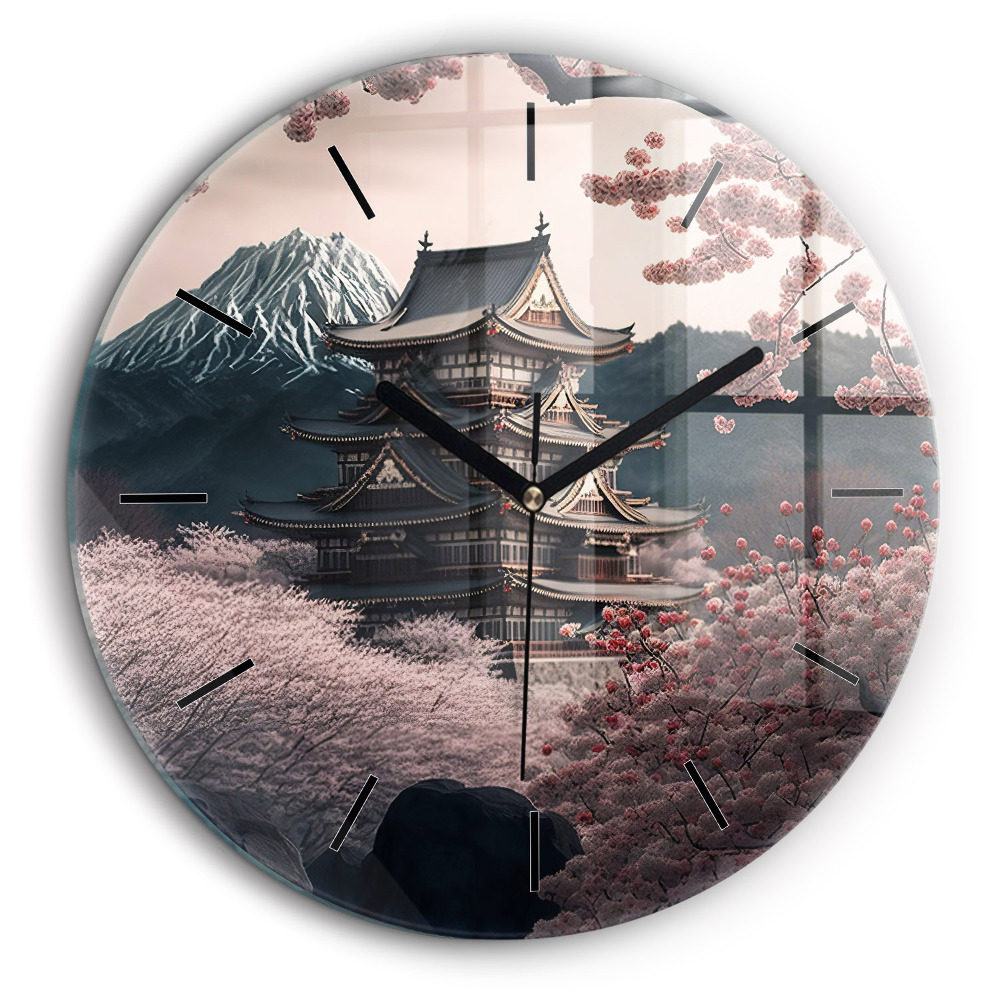 Ceas rotund de perete din sticlă Turn și flori în Asia