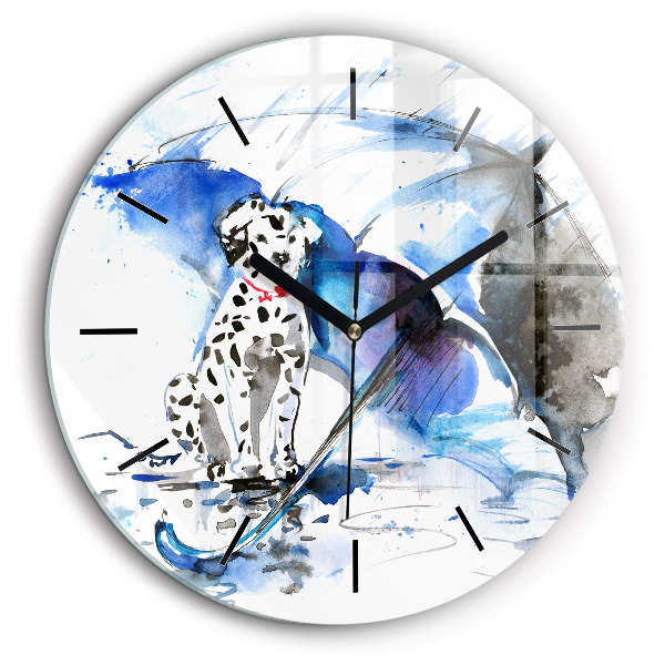 Ceas perete din sticlă rotund Dalmatian și umbrelă